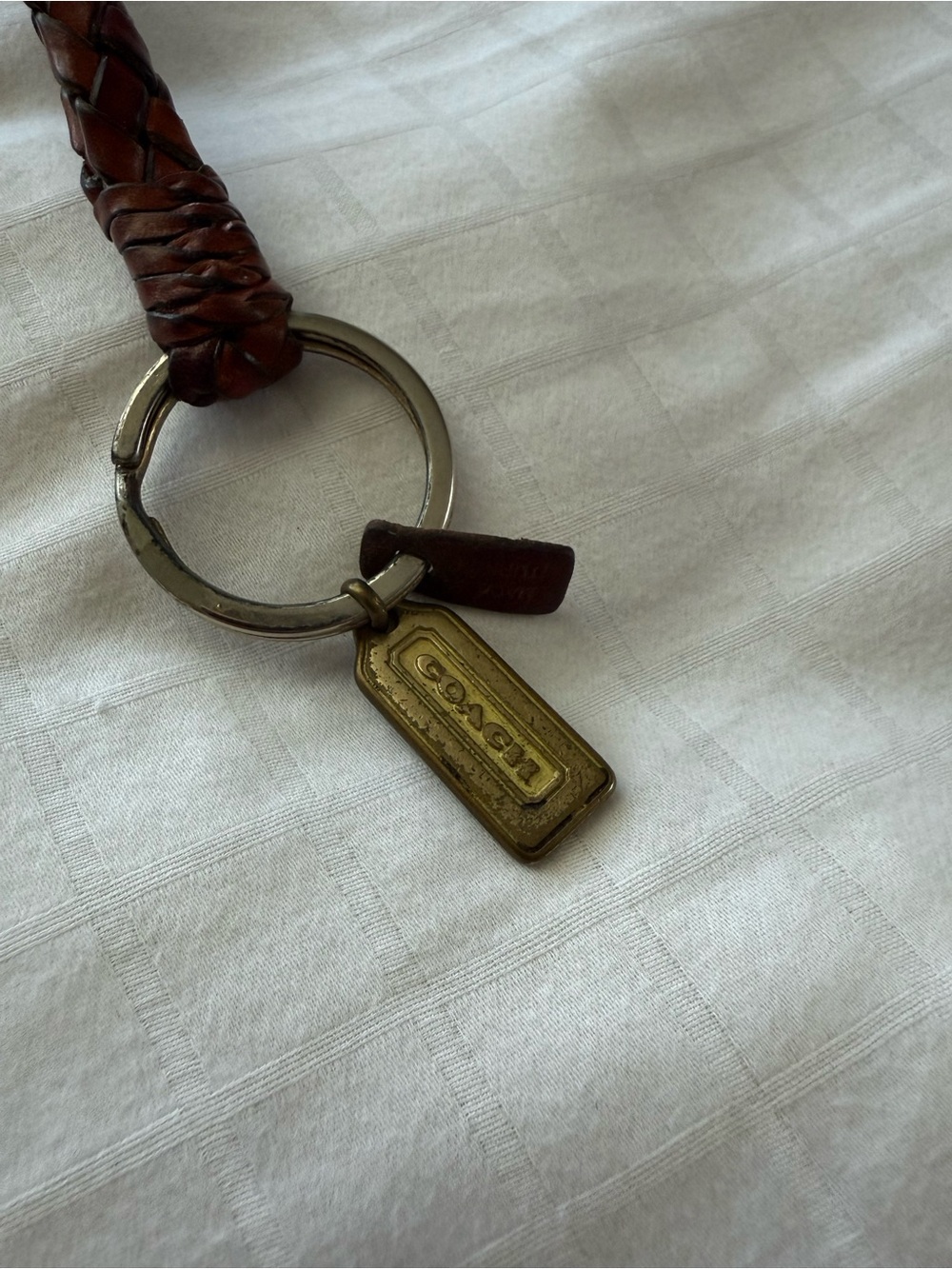 Vintage Coach Brown Braided Leather Keyring with Brass Tag